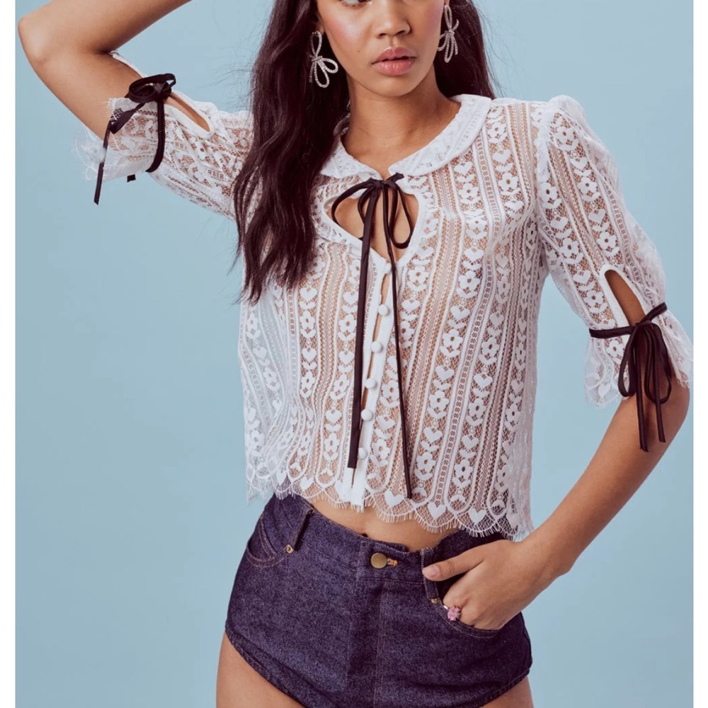 For Love And Lemons White Lace Tie-Front Cropped Top